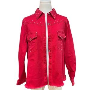 Vintage Red Studded Denim Jacket Western Y2K Statement Rhinestone Medium
